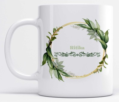 LOROFY Name Ritika Printed Green Floral Ring Ceramic Coffee Mug(350 ml)