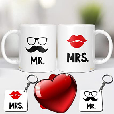 dk printing MR RIGHT MRS ALWAYS RIGHT SUPER MUG SET WITH KEY CHAIN Ceramic Coffee Mug(350 ml, Pack of 2)