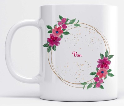 LOROFY Name Van Printed Pink & Green Floral Design White Ceramic Coffee Mug(350 ml)
