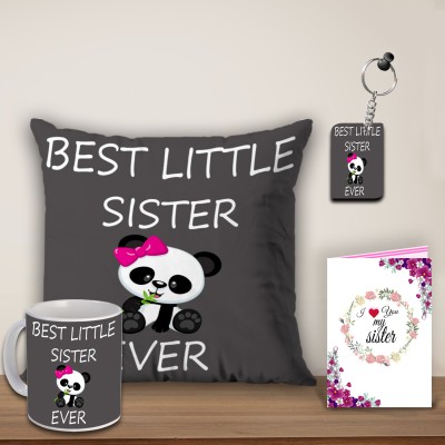 Giftforyou Gift Set for Little Sister - Cushion | | Greeting Card and Keychain Ceramic Coffee Mug(320 ml, Pack of 4)