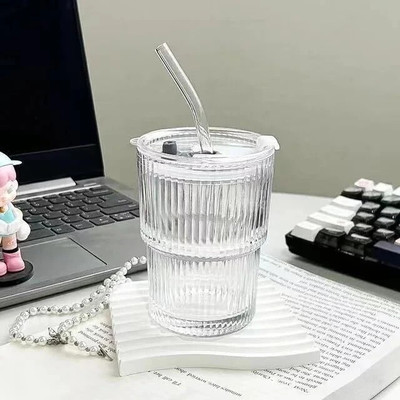 JIGSHTIAL Drinking Coffee Cup Sipper Glass with Straw and lid Glass Tumbler(400 ml)