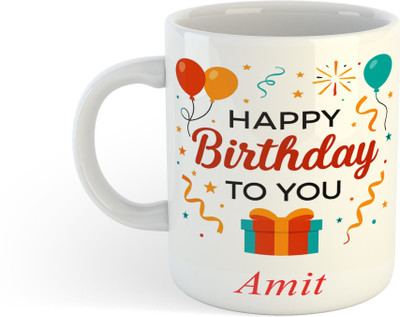 UNIARAWALAS Happy Birthday Amit Name Printed Ceramic Coffee(330ml) Ceramic Coffee Mug(330 ml)