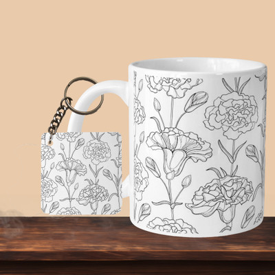 VM MALL 101_B/W Flower L-S Ceramic Coffee Mug(330 ml, Pack of 2)