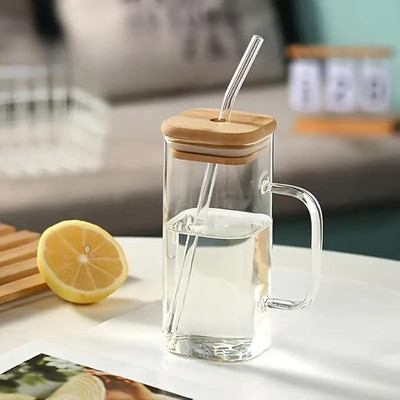 Deedecorwave Can Wooden Lid Sipper Jar for Mojito, Ice Tea Juice & Travel with Straw Glass Coffee Mug(400 ml)