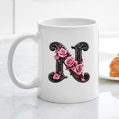 Aastha Imagine Media Black Wood Pink Rose Letter N Ceramic Coffee Mug(325 ml)