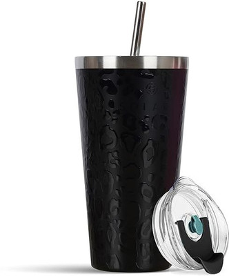 Solara Vacuum Insulated Tumbler with Straw and Lid for Hot and Cold, Black Leopard, Stainless Steel Tumbler(475 ml)