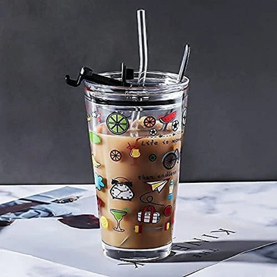 fielrop Cartoon Patern Multipurpose Drinking Glass Cup with Silicone Straw and Lid Drink Glass Coffee Mug(400 ml)