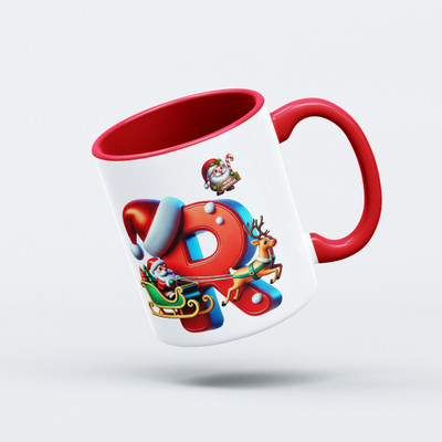 V Kraft Christmas theme red inner color Alphabet coffee mug for Xmas & New Year | R | Ceramic Coffee Mug(330 ml)