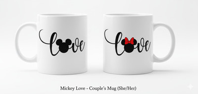 aaravgraphics Minimalist Mickey & Minnie 'Love' Script Set for Couples Ceramic Coffee Mug(325 ml, Pack of 2)