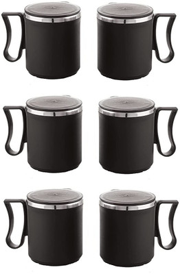 Dynore 6 Pcs Double Walled Plastic Covered Travel Tea/Coffee With Lid Stainless Steel Coffee Mug(300 ml, Pack of 6)