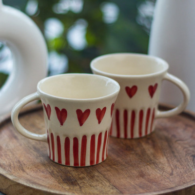 Rare Planet Handcrafted Heart Pattern Ceramics - Set of 2 Red Coffee Cups Ceramic Coffee Mug(400 ml, Pack of 2)