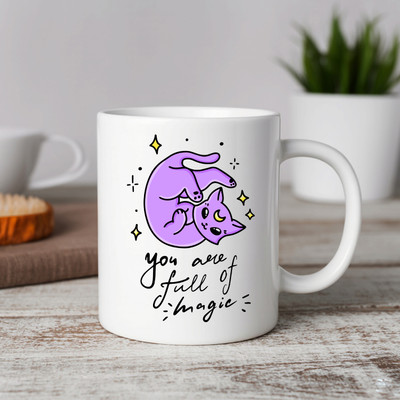 Vihaan Fashions You Are Full of Magic Cute Cat Illustration Printed Ceramic Coffee Mug(350 ml)