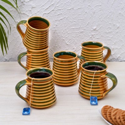 Unravel India Brown Green Textured Handmade Ceramic Cups Ceramic Coffee Mug(150 ml, Pack of 6)