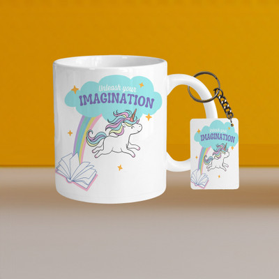 VM SHOPPING MALL Premium 330ml Ceramic White Coffee- imagination- With Rectangle Keychain Ceramic Coffee Mug(330 ml, Pack of 2)