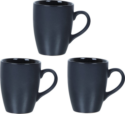 QIMACPLUS Black Matt Finish Elegant Design Plain Sparkling Microwave Safe Tea Cup Set Of 3 Ceramic Coffee Mug(300 ml, Pack of 3)