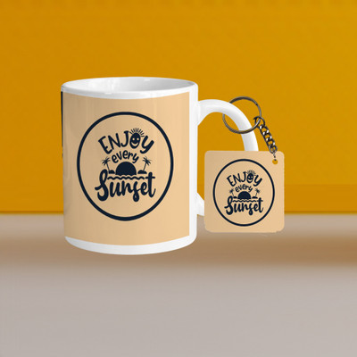 VM SHOPPING MALL 330ml Ceramic White Coffee - enjoy every sunset - WithSquare Keychain Ceramic Coffee Mug(330 ml, Pack of 2)