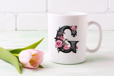 Aastha Imagine Media Black Wood Pink Rose Letter G Ceramic Coffee Mug(325 ml)