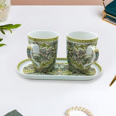 Lemon Tree 2 Pc Tea/Coffee Cup and 1 Platter Set, Attractive Prints and Colors Ceramic, Porcelain Coffee Mug(360 ml, Pack of 3)