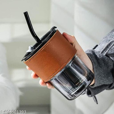 varyon Premium Glass Tumbler with Lid, Glass Straw & Leather Sleeve | Pack of 2 Glass Coffee Mug(450 ml, Pack of 2)