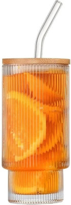 JYOTCREATION Ribbed Glass Coffee Sipper With Wooden Lid & Straw Drinking For Juice, Smoothies Glass Tumbler(480 ml)