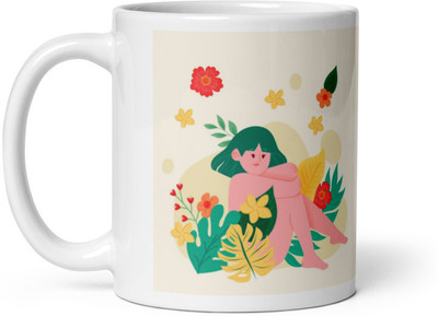 Mr UVD Girl With Flower And Leaf Pattern Gift Item Ceramic Coffee Mug(350 ml)