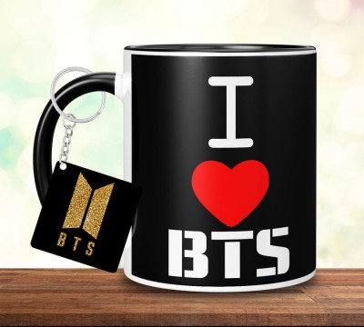 TrendoPrint BTS Printed 3 Black Tone Coffee & Keychain For Friends & Loved One-3BTM-SK01 Ceramic Coffee Mug(350 ml, Pack of 2)