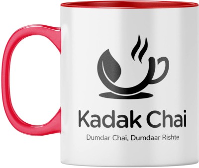 YuBingo Chai with Love - Kadak and Dumdaar, Red Inner & Handle Ceramic Coffee Mug(310 ml)