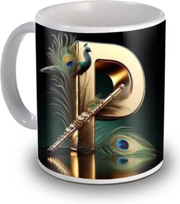 AVISTRA P Letter Krishna Feather Premium for Daily Use,Perfect for Hot Alphabet 3D mugs Ceramic Coffee Mug(330 ml)