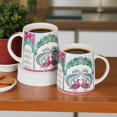 Serv-o-Best Ceramic Tea Coffee Cups Set of 4 Peacock Print Chais Small Tea Cups Ceramic Coffee Mug(330 ml, Pack of 4)