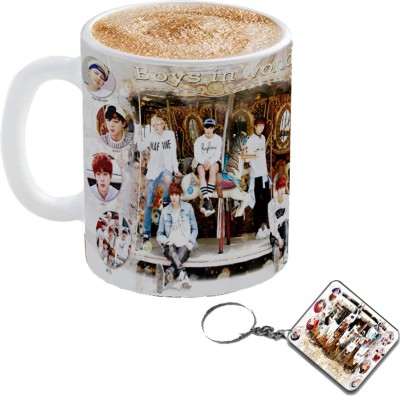 CHARMING BTS BoYs In Wonderland White Ceramic Coffee with Keychain Ceramic Coffee Mug(330 ml, Pack of 2)