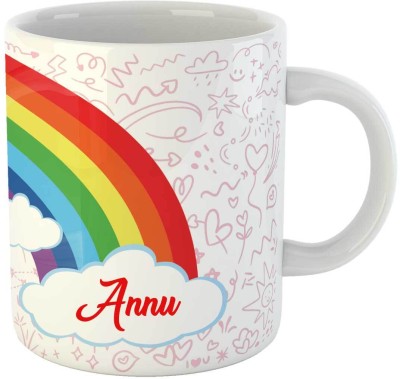 ARTBUG Rainbow & Unicorn Theme Customised Coffee Coffee Cup, Name - Annu Ceramic Coffee Mug(350 ml)