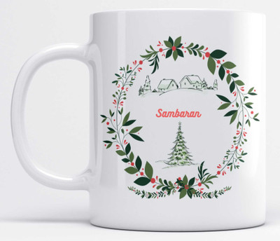 LOROFY Name Sambaran Printed Christmas Design White Ceramic Coffee Mug(350 ml)
