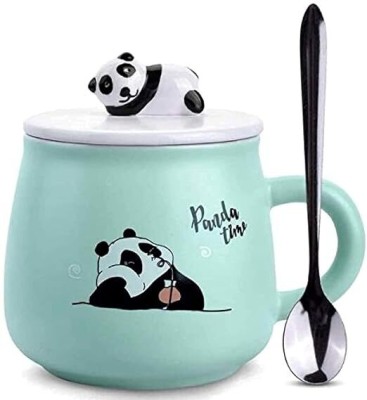 GOOD TO GREAT CREATION sweet 3D Satyam Kraft Cute 3D OK Panda Printed Panda glass Coffee Milk Tea Cup with Funny Lid and Stainless Steel Spoon Panda Lovers Glass Coffee (450 ml) Ceramic Coffee Mug(450 ml)