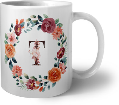 Phirki Studio Floral Alphabet T Ceramic Coffee Mug(325 ml)