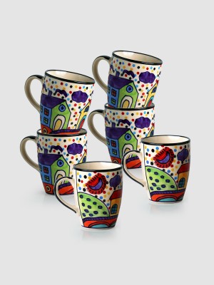 ExclusiveLane The Hut Jumbo Cuppas' Hand-Painted Ceramic Coffee Mug(270 ml, Pack of 6)