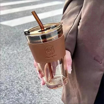 JUGABELY Glass Travel Tea and Coffee Fruit Juice Milk Sipper Tumbler with Straw & Lid Glass Tumbler(400 ml)