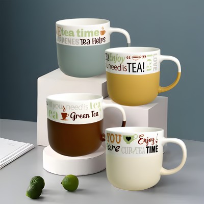 Lemon Tree Silk Touch Matt Glazing Big Tea Cup Set, Prints and Colours Mixed in Each Set Porcelain, Ceramic Coffee Mug(390 ml, Pack of 4)