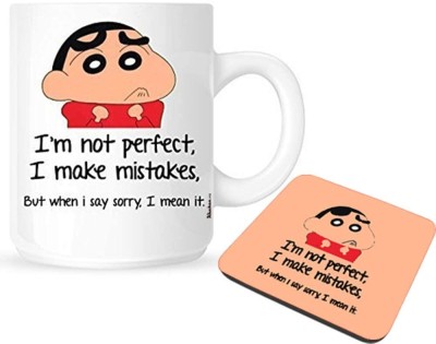 craft maniacs SHINCHAN IM SORRY 330 ML WHITE MUG WITH COASTER FOR SHINCHAN LOVERS Ceramic Coffee Mug(330 ml)