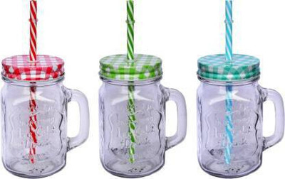 Sphronal strow mug Glass Mason Jar(500 ml, Pack of 3)