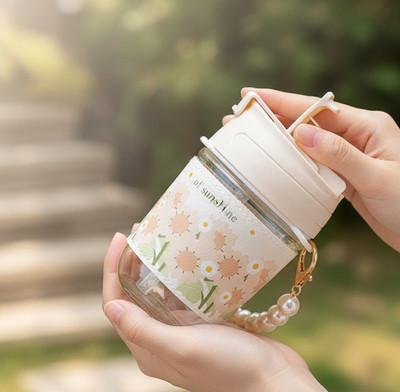 Moover Portable Glass Coffee for Girls | Pearl Handle | Leakproof Travel Cup Plastic Coffee Mug(400 ml)