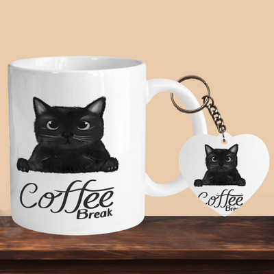 VM SHOPPING MALL Cat Coffee Break R-H Ceramic Coffee Mug(330 ml, Pack of 2)