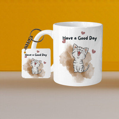 Hunter Studio 101_Perfect for Coffee and Tea - With Keychain VM Cat Have A Good Day L S Ceramic Coffee Mug(333 ml, Pack of 2)