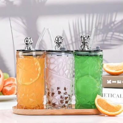 ANSTEX SIPPER Luxury GLASS 380ML WITH LID + STRAW Plastic Tumbler(380 ml)