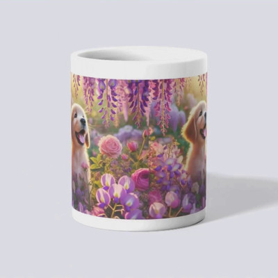makekart Smiling Golden Retriever with Vibrant Flowers Ceramic Coffee Mug(325 ml)