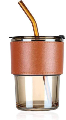 manekk world Iced Coffee Drinking Glasses with Lids and Glass Straw Glass Coffee Mug(400 ml)