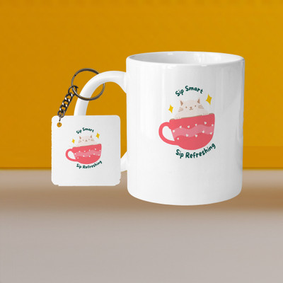 AG MALL 101_Perfect for Coffee and Tea - With Keychain VM Sip Smart Sip Refershing L S Ceramic Coffee Mug(333 ml, Pack of 2)