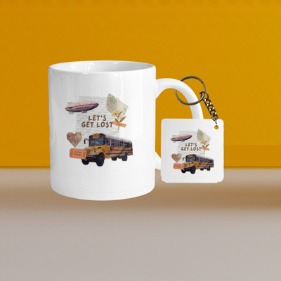 VM SHOPPING MALL Premium 330ml Ceramic White Coffee- lets get lost- With Square Keychain Ceramic Coffee Mug(330 ml, Pack of 2)