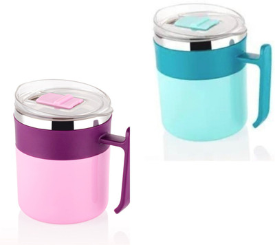 Nearnest coffee Lover's First Preferable Sipper Lid (Pink,Sky Blue) 300ML Stainless Steel Coffee Mug(300 ml, Pack of 2)