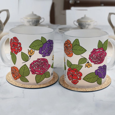 Indigifts Colorful Flowers Printed Coffee Set Of 2_S-FMUGLWH02RO11-GEN22049 Glass Coffee Mug(325 ml, Pack of 2)