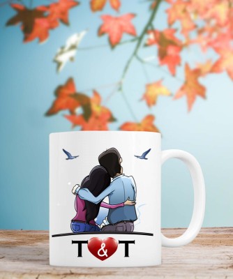 badri creations Couple Name T & T White Coffee Ceramic Coffee Mug(350 ml)